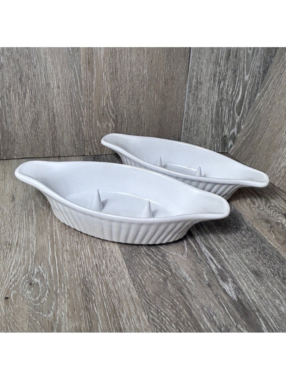 Set of 2- White Baked Potato/Apple/Bananna Split Ceramic Dishes W/ 2 Spikes
